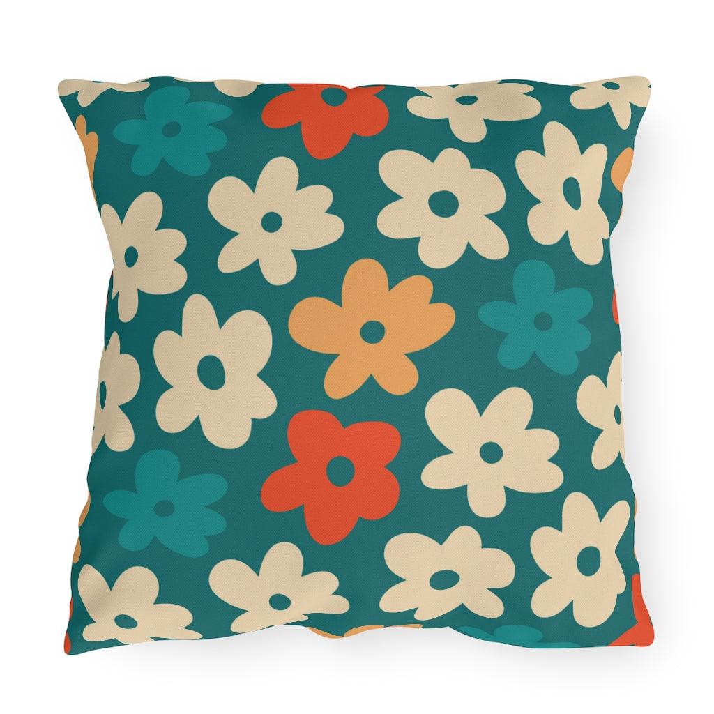 Boho Flowers Orange, Cream and Teal MCM Outdoor Pillow | lovevisionkarma.com