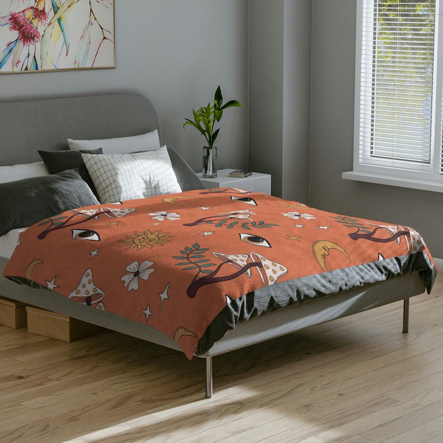 Boho Mushroom, Eye, Sun, Moon & Stars MCM Coral Orange Velveteen Minky Blanket | lovevisionkarma.com