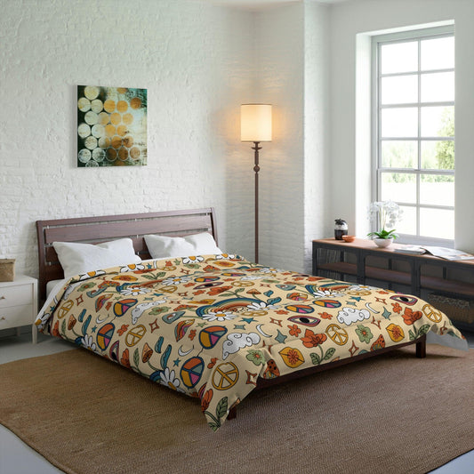 Boho Trippy Mushroom, Rainbow & Eye Hippie Cottagecore MCM Comforter | lovevisionkarma.com