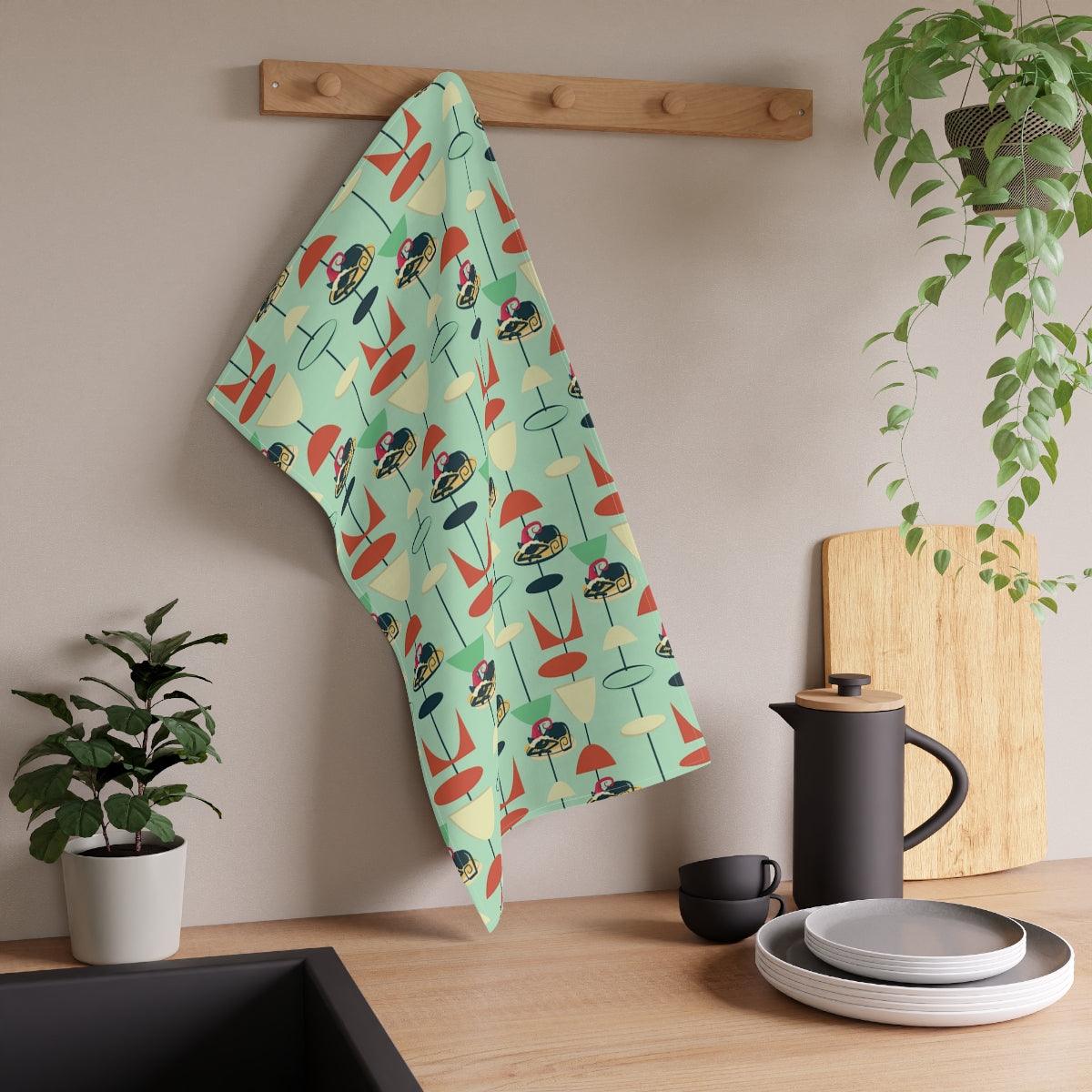 Mid Century Retro Cat Green Christmas Tea Towel | lovevisionkarma.com