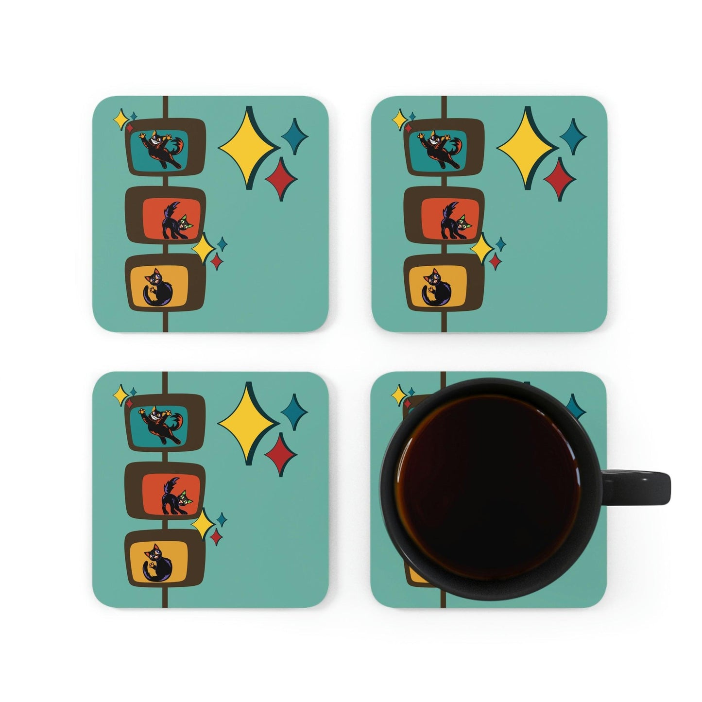 Atomic Cats Mid Century Mod Blue Coaster Set | lovevisionkarma.com