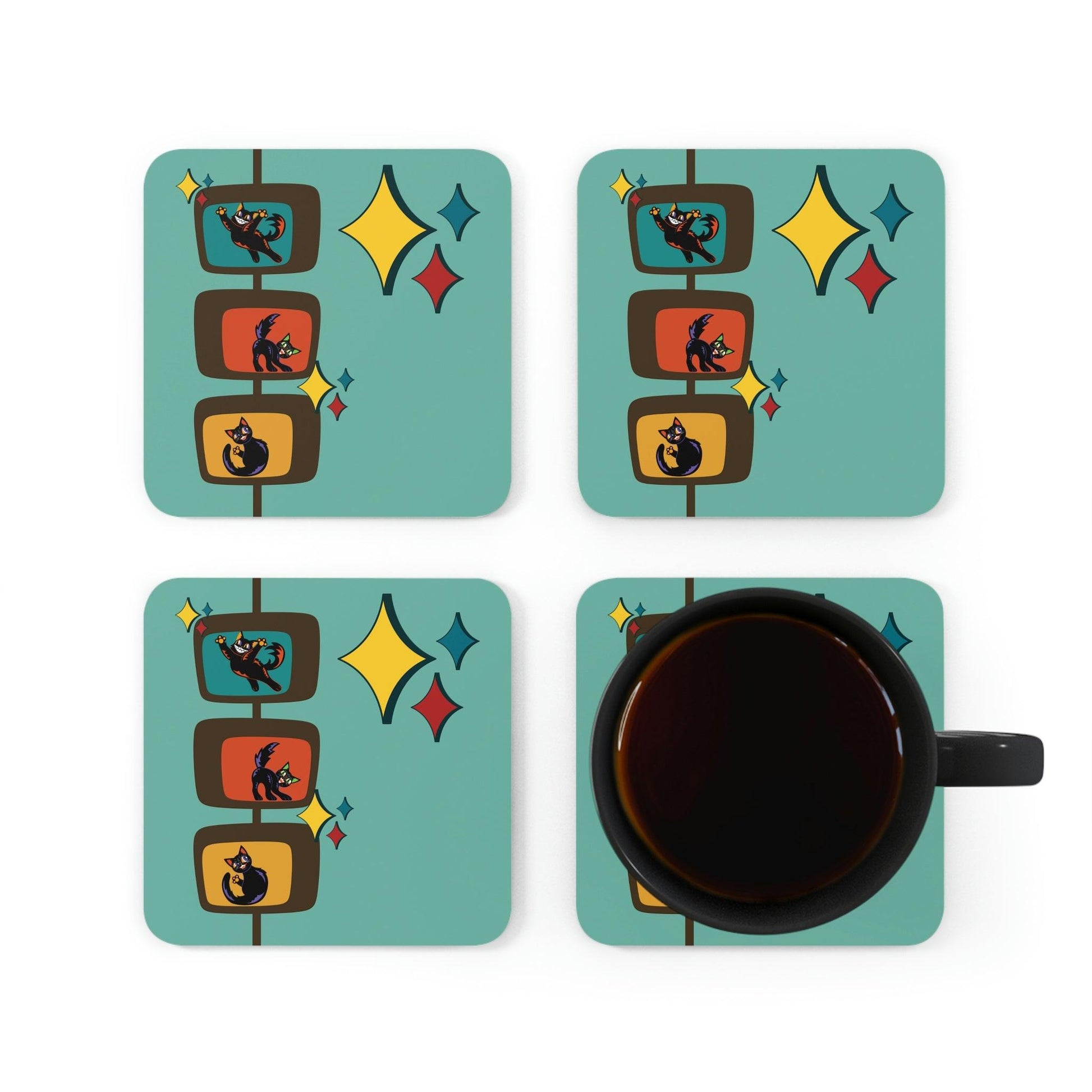 Atomic Cats Mid Century Mod Blue Coaster Set | lovevisionkarma.com