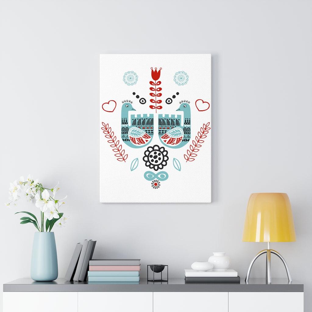 Scandinavian Nordic Folk Art Blue & Red Love Birds Canvas Gallery Wrap | lovevisionkarma.com