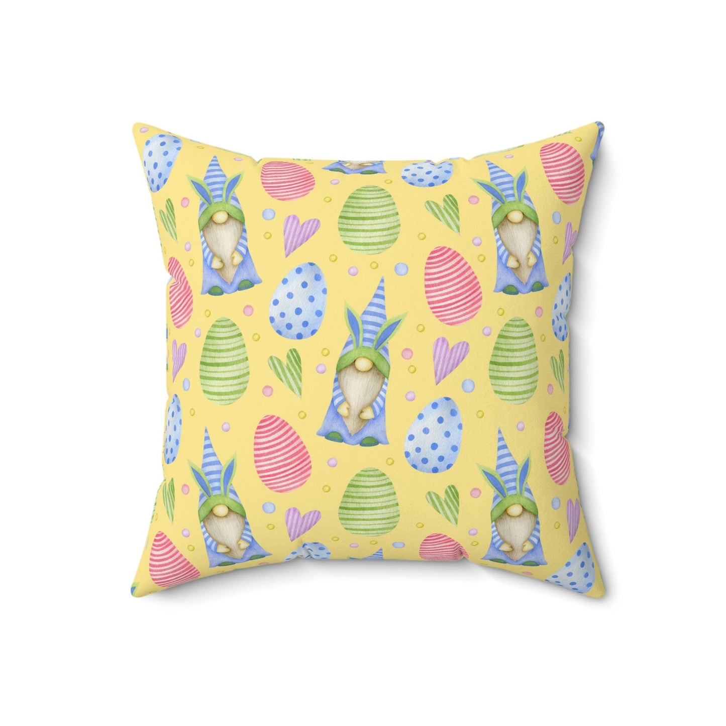 Gnomes with Bunny Ears Spring Yellow Easter Throw Pillow | lovevisionkarma.com