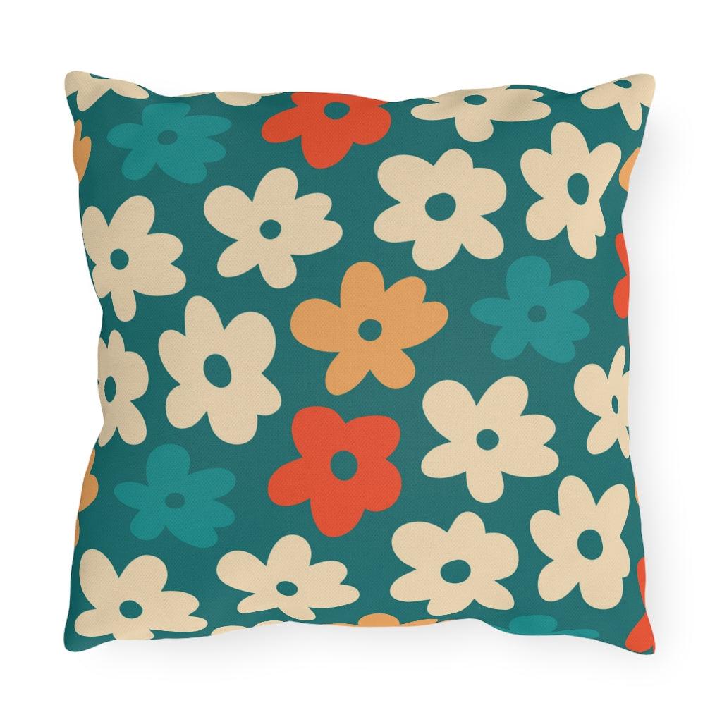 Boho Flowers Orange, Cream and Teal MCM Outdoor Pillow | lovevisionkarma.com