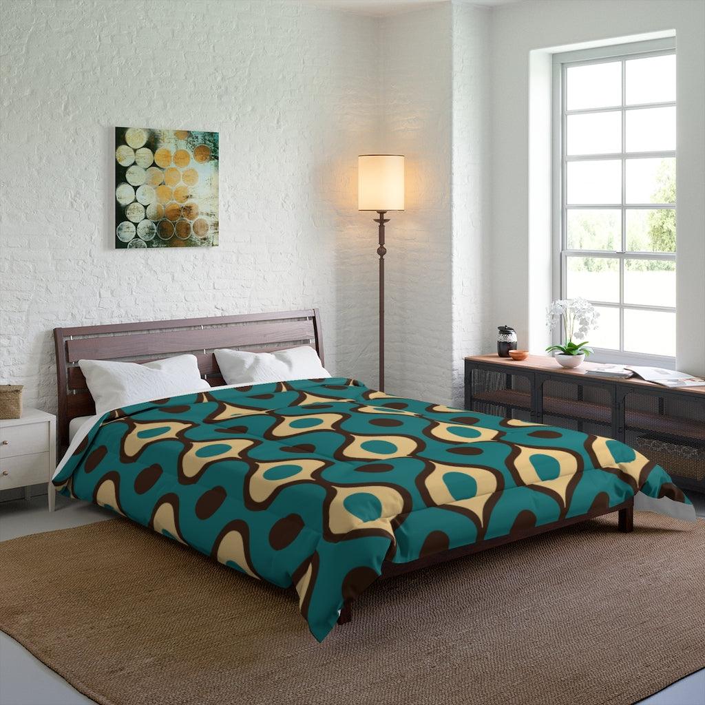 Retro 60s, 70s, Geometric Mid Century Mod Blue Comforter | lovevisionkarma.com