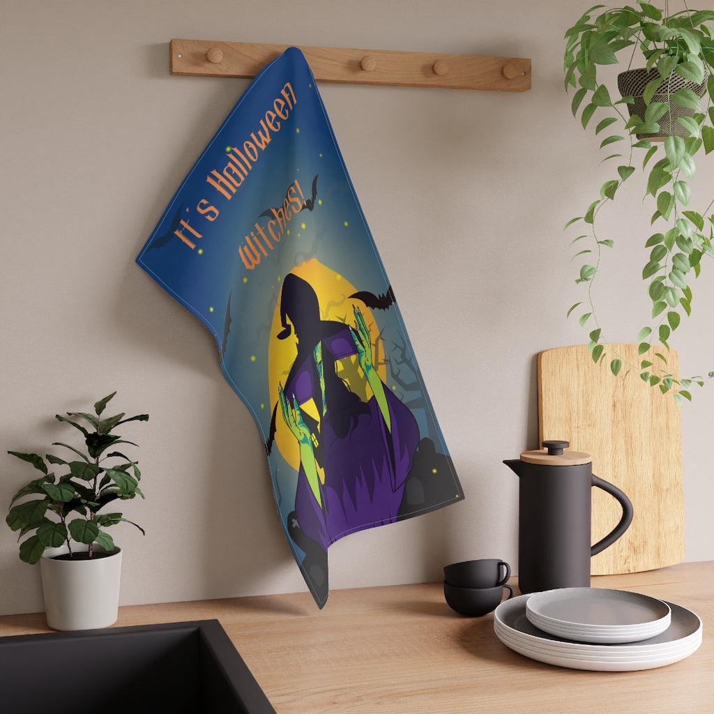 Retro Witch Funny Halloween MCM Kitchen Tea Towel | lovevisionkarma.com