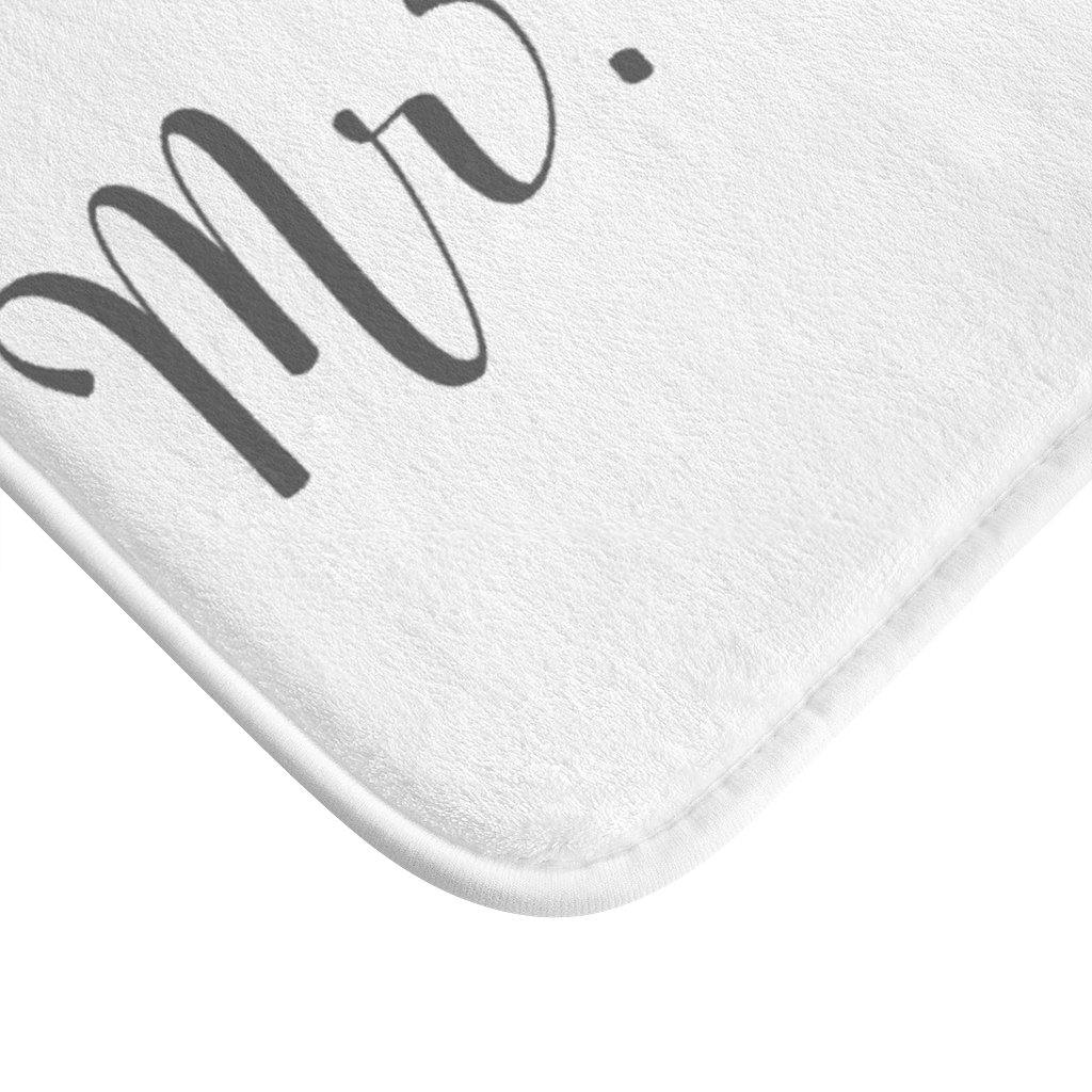 "Mr. Right" White with Dark Gray Lettering Modern Minimalist Bath Mat | lovevisionkarma.com