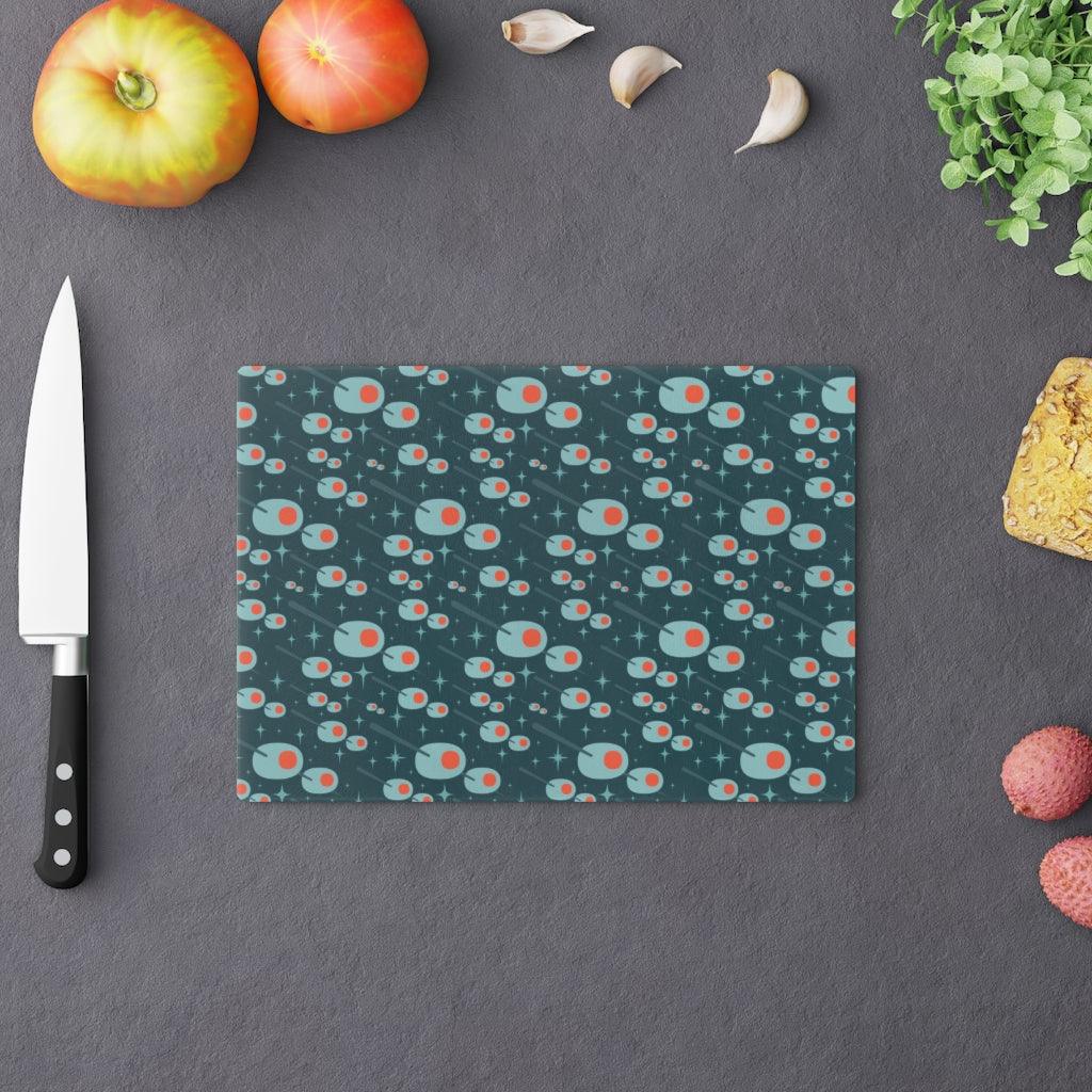 Atomic Olives Mid Century Modern Blue Glass Cutting Board | lovevisionkarma.com