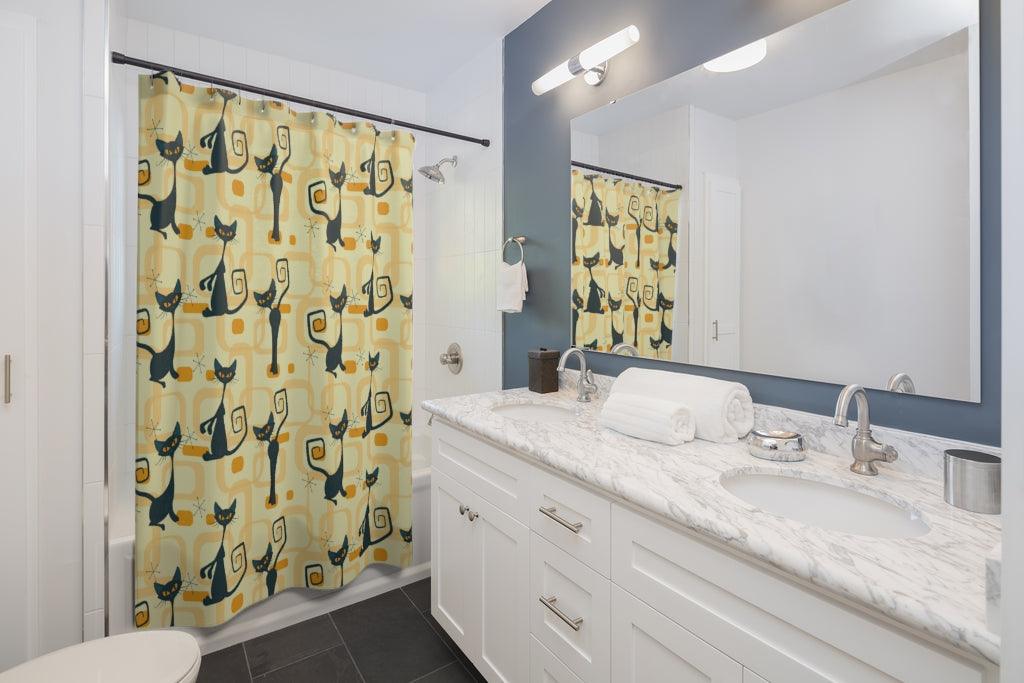 Retro Atomic Cat Mid Century Modern Yellow Shower Curtain | lovevisionkarma.com