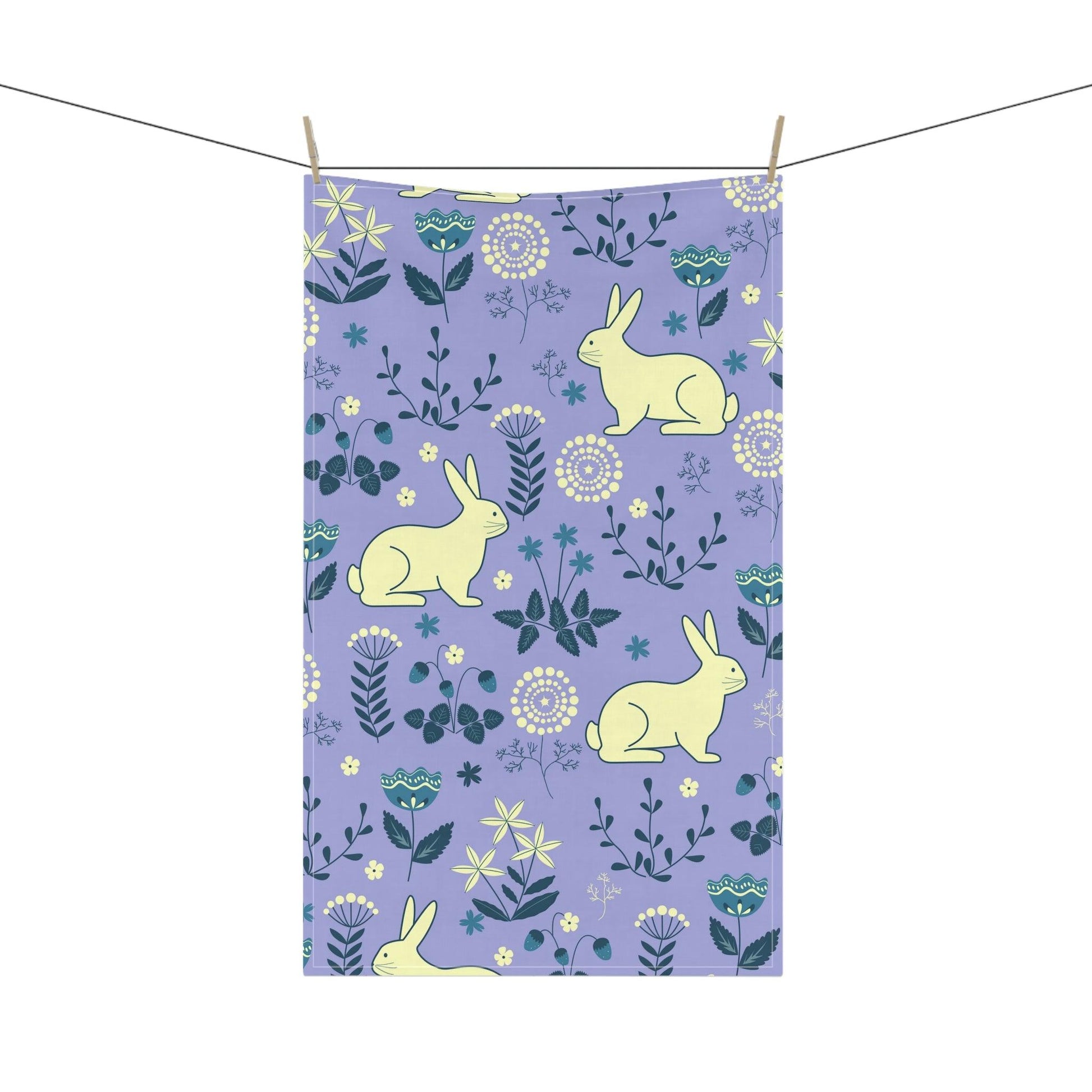 Easter Bunnies & Florals Retro Blue & Purple Kitchen Tea Towel | lovevisionkarma.com