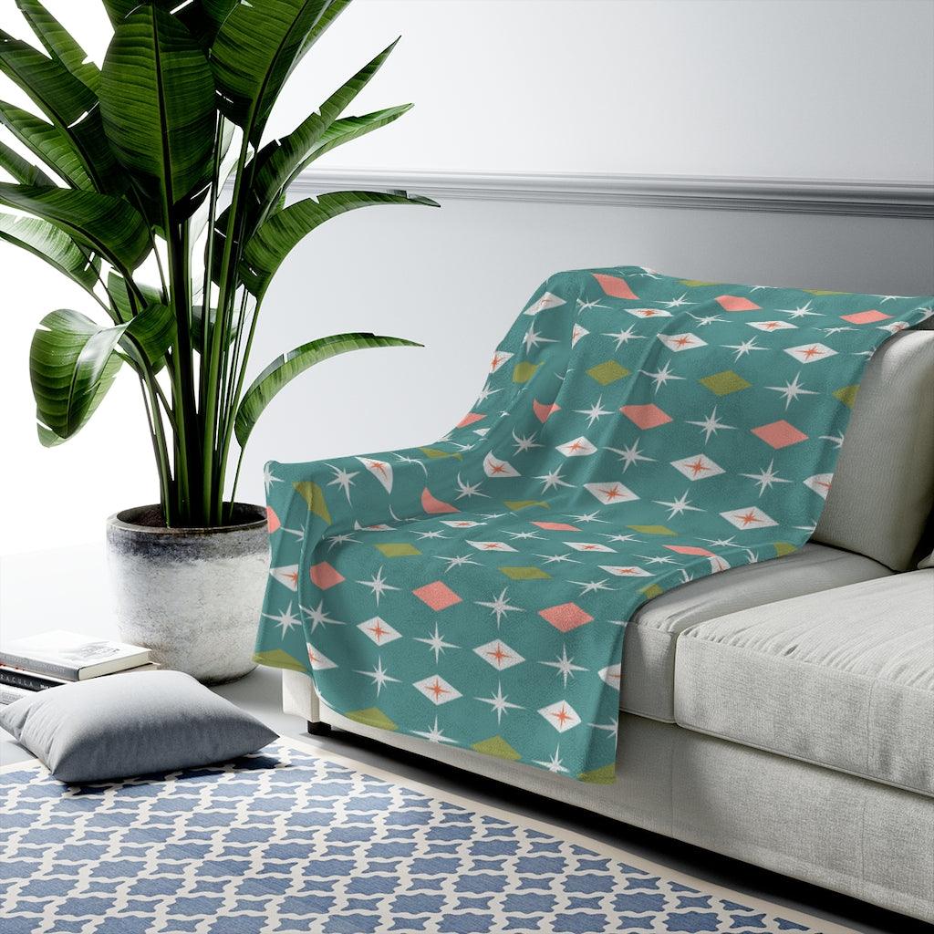 Atomic Starburst & Diamonds MCM Teal & Pink Velveteen Lightweight Blanket | lovevisionkarma.com