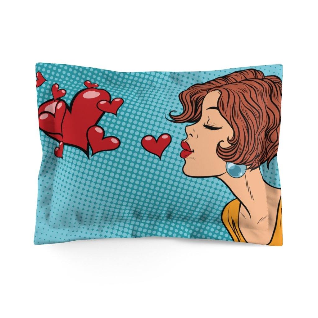 "Woman Blowing Heart Kisses" Comic Pop Art Pillow Sham | lovevisionkarma.com
