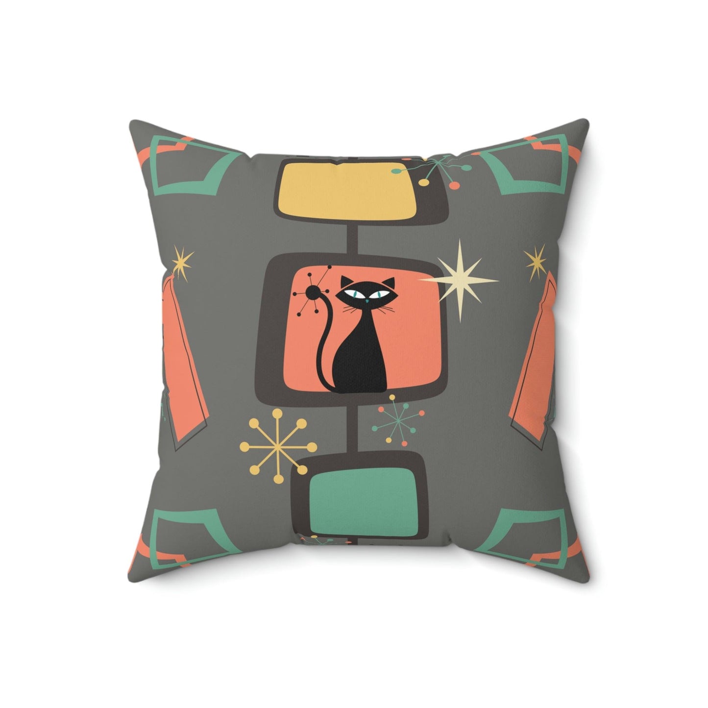 Retro Atomic Cat, Starburst Chic Mid Century Mod Coral & Gray Throw Pillow | lovevisionkarma.com