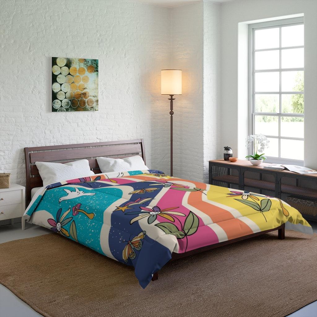 Groovy Hippie Flowers & Boho Mushrooms Colorful Comforter | lovevisionkarma.com