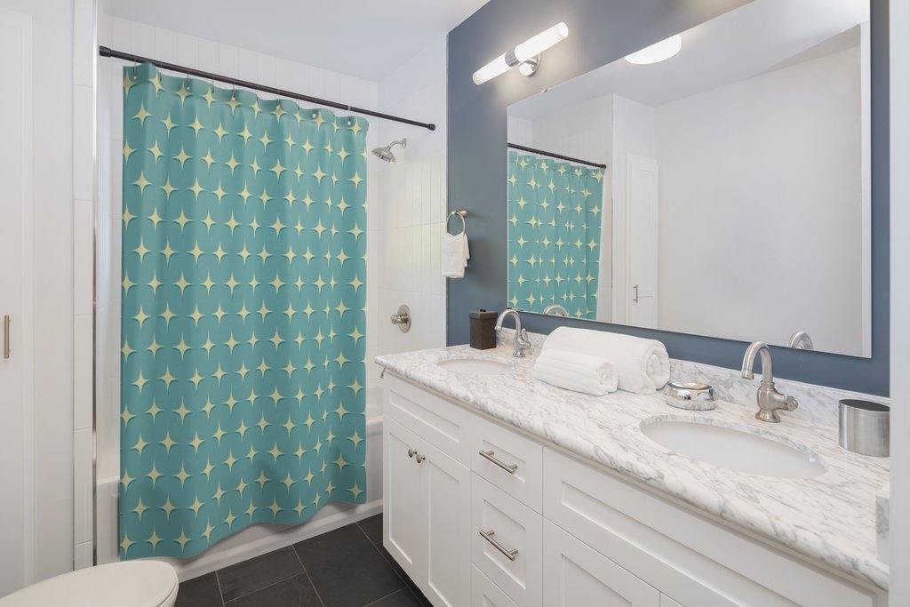 Mid Century Atomic Starburst Blue Shower Curtain | lovevisionkarma.com