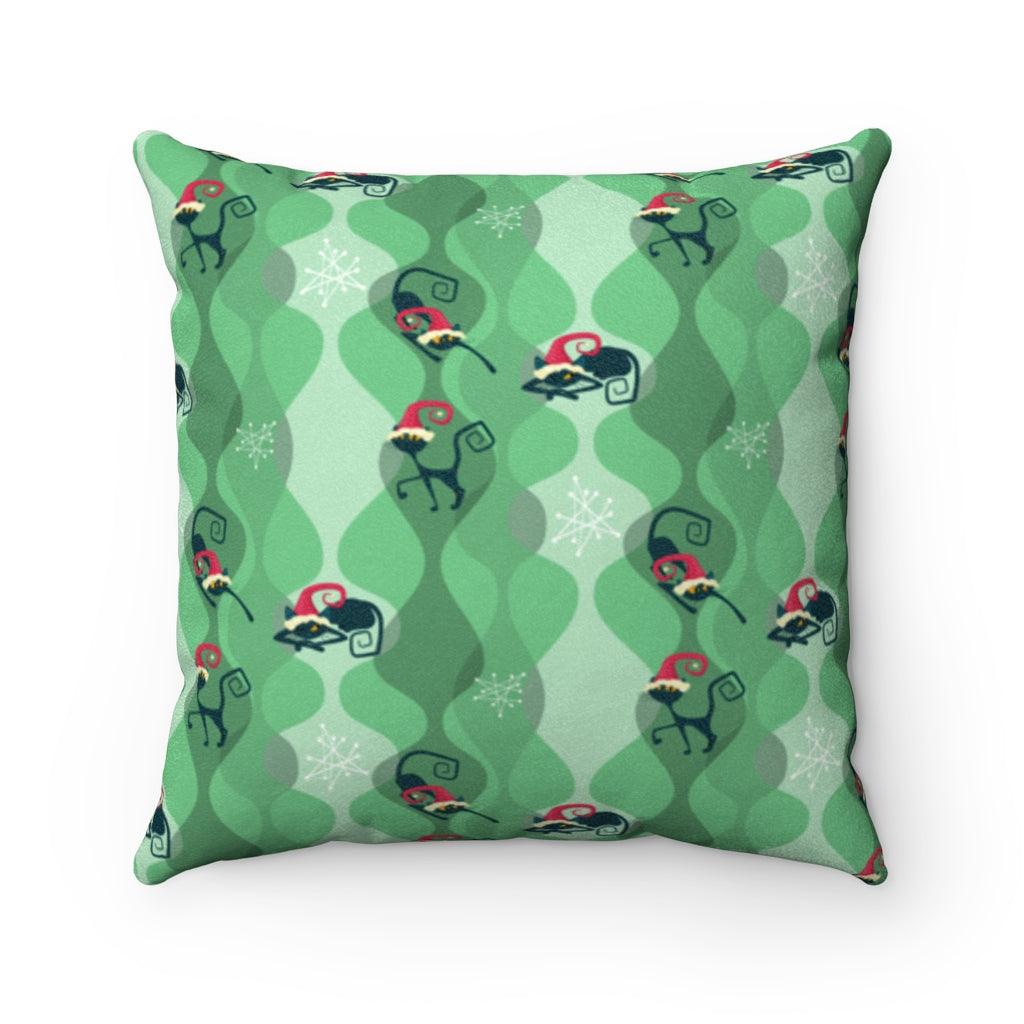 Mid Century Mod Festive Atomic Cats Green Christmas Pillow | lovevisionkarma.com