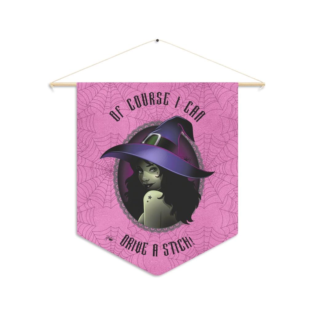 "Drive a Stick" Glam Witch Halloween Witchcore Pink & Purple Wall Pennant | lovevisionkarma.com
