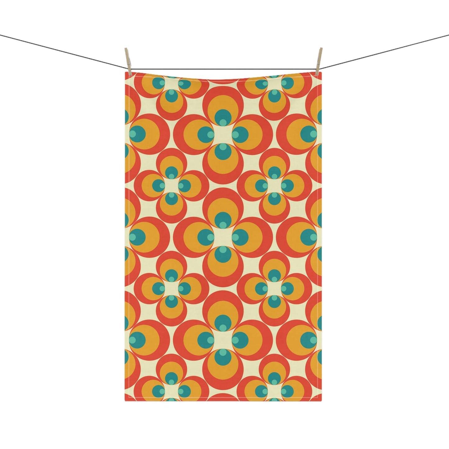 Retro 60s 70s Mid Century Mod Orange, Mustard & Teal Geo Kitchen Tea Towel | lovevisionkarma.com