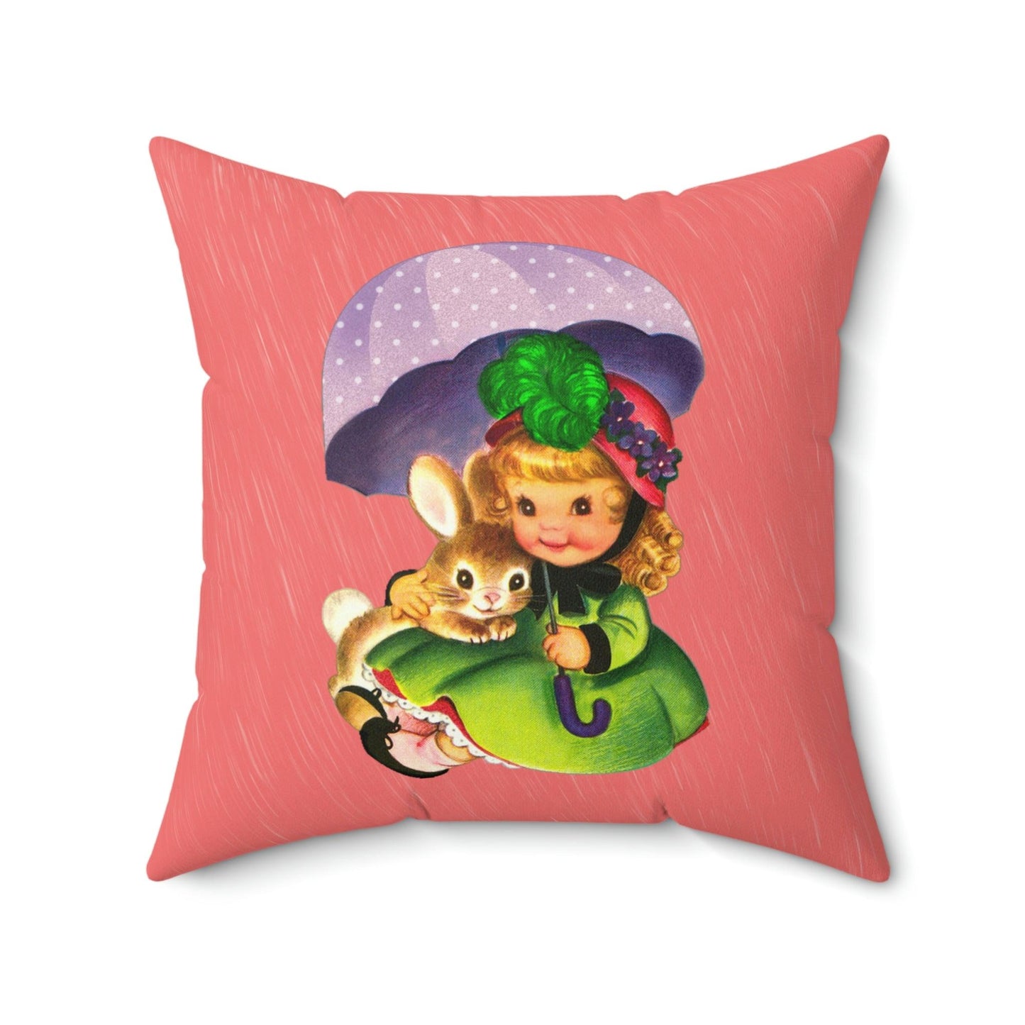 Vintage Easter, Girl with Bunny Kitschy Cute Coral MCM Throw Pillow | lovevisionkarma.com