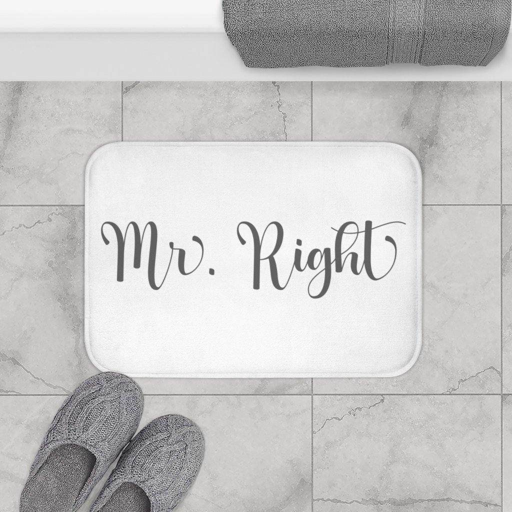 "Mr. Right" White with Dark Gray Lettering Modern Minimalist Bath Mat | lovevisionkarma.com
