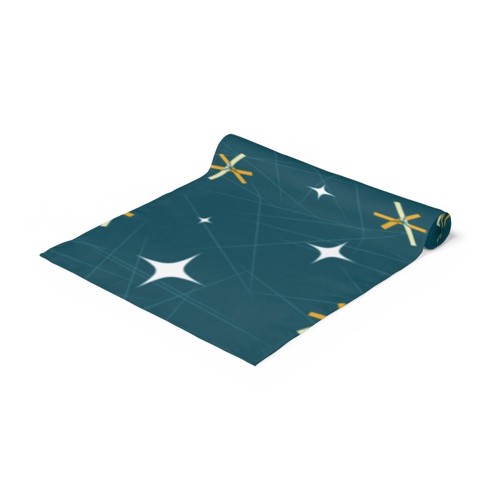 Mid Century Table Runner, Bursts and Stars Dark Blue Retro Table Linens | lovevisionkarma.com