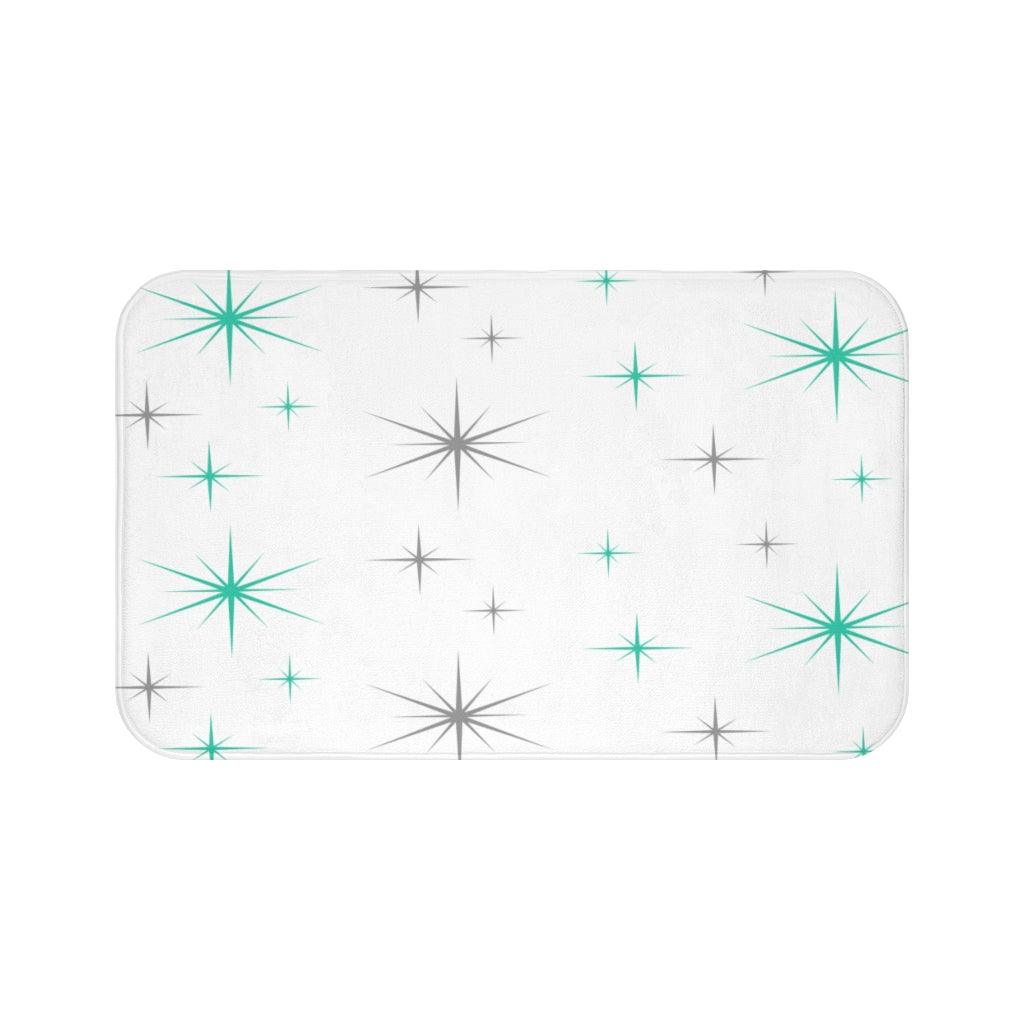 Starbursts 50s, 60s Mid Century Modern Teal & Grey Bath Mat | lovevisionkarma.com