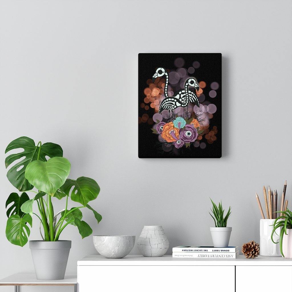 Spooky Skeleton Flamingos & Creepy-Eyed Flowers Canvas Art | Indoor Halloween Decor | lovevisionkarma.com