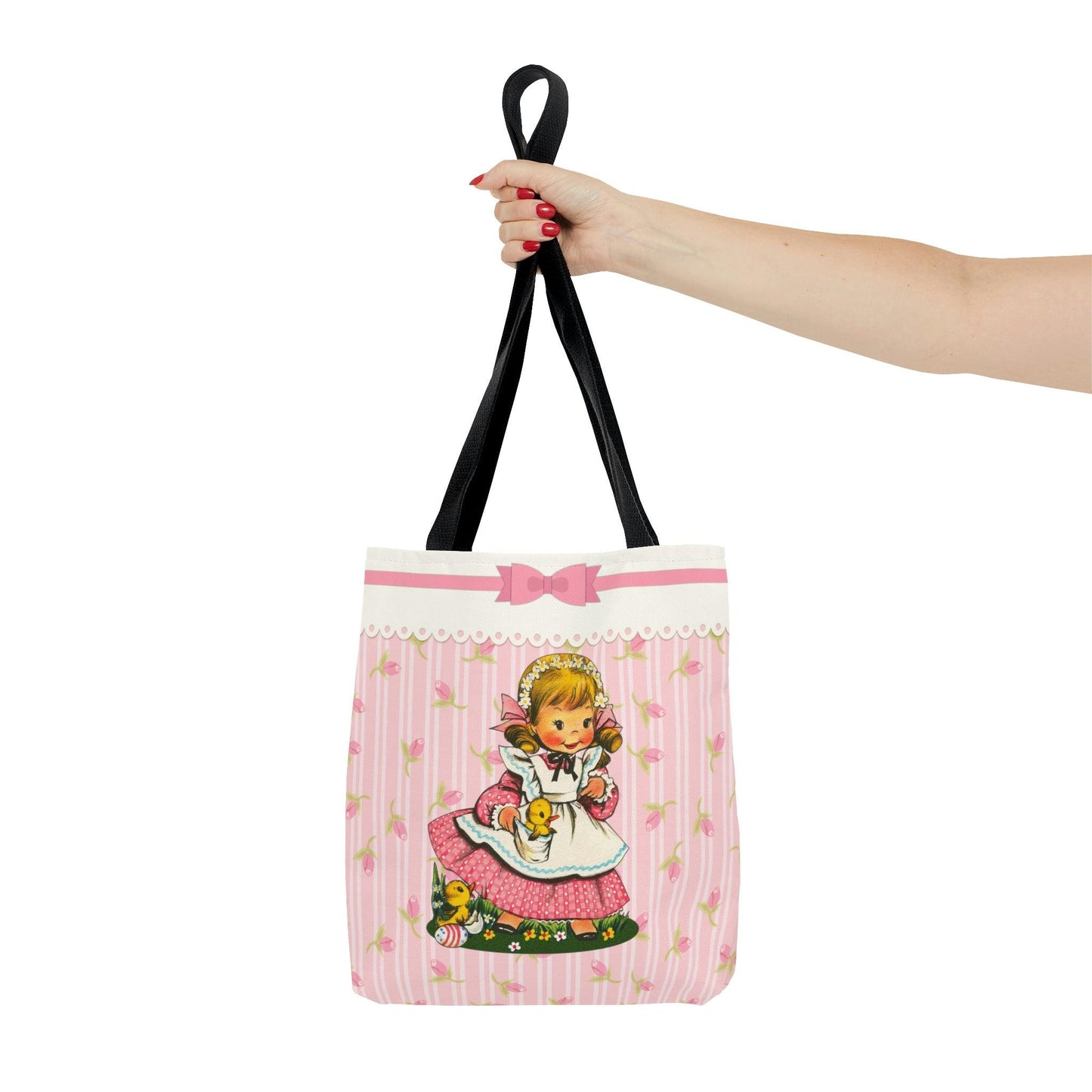 Vintage Kitsch Girl with Chicks MCM Easter Pink Tote Bag | lovevisionkarma.com