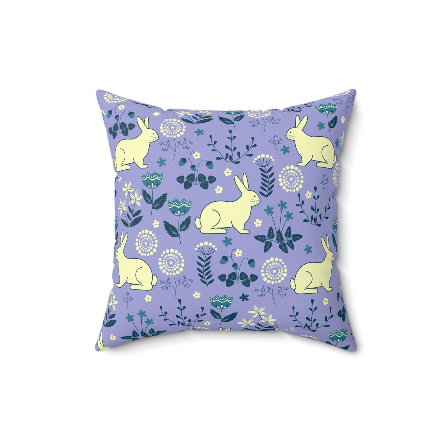 Easter Bunnies and Florals Retro Blue and Purple MCM Pillow | lovevisionkarma.com