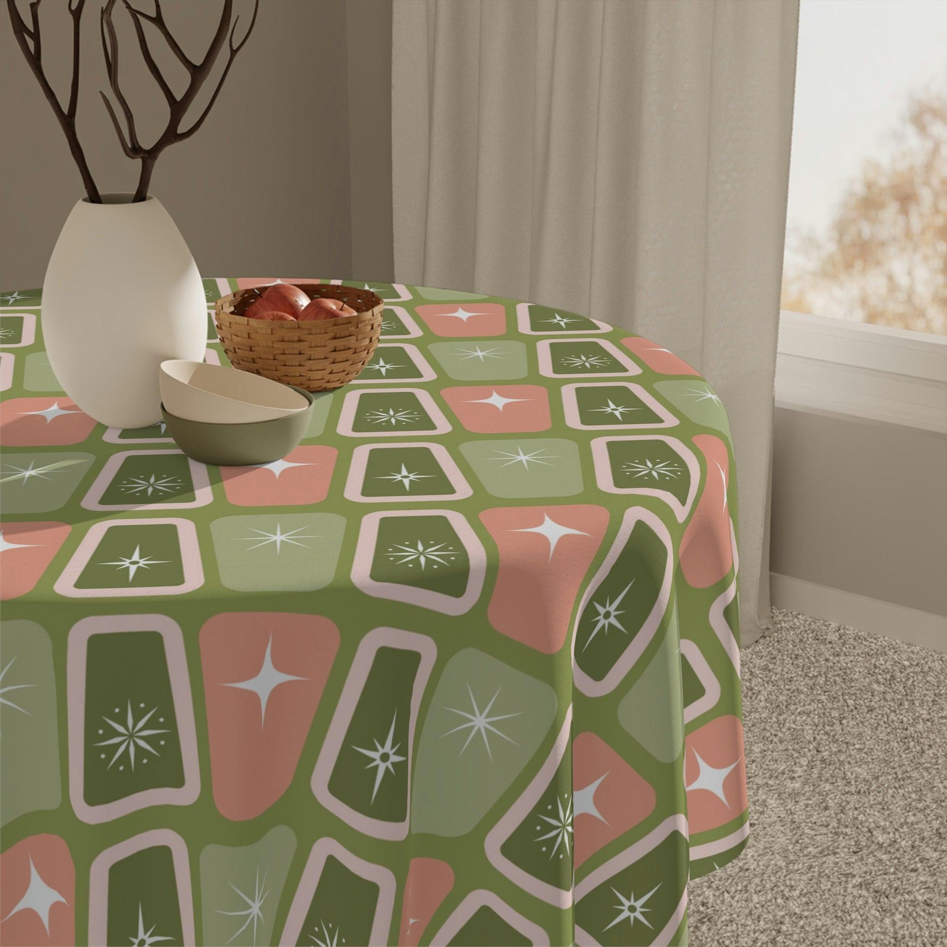 Retro 50s Atomic Age Starburst Mid Century Pink and Green Tablecloth | lovevisionkarma.com