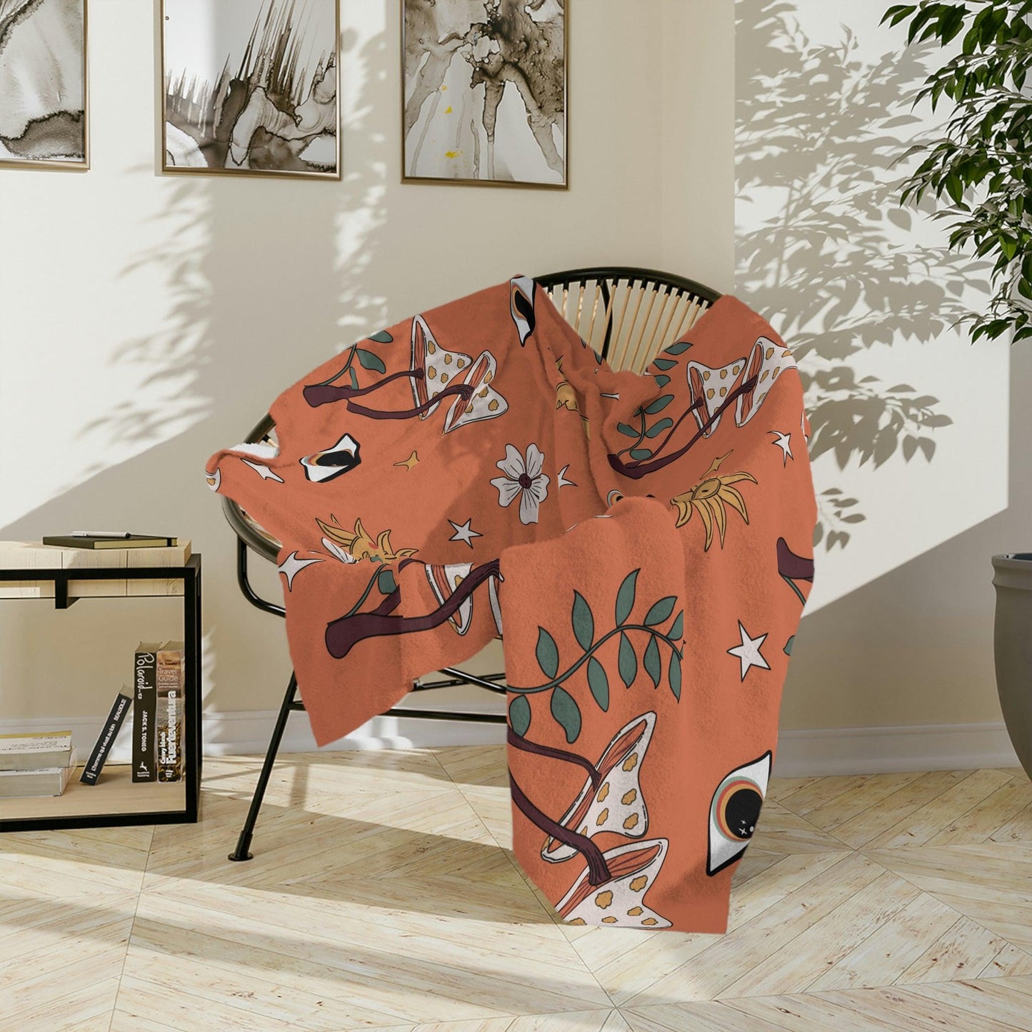 Boho Mushroom, Eye, Sun, Moon & Stars MCM Coral Orange Velveteen Minky Blanket | lovevisionkarma.com