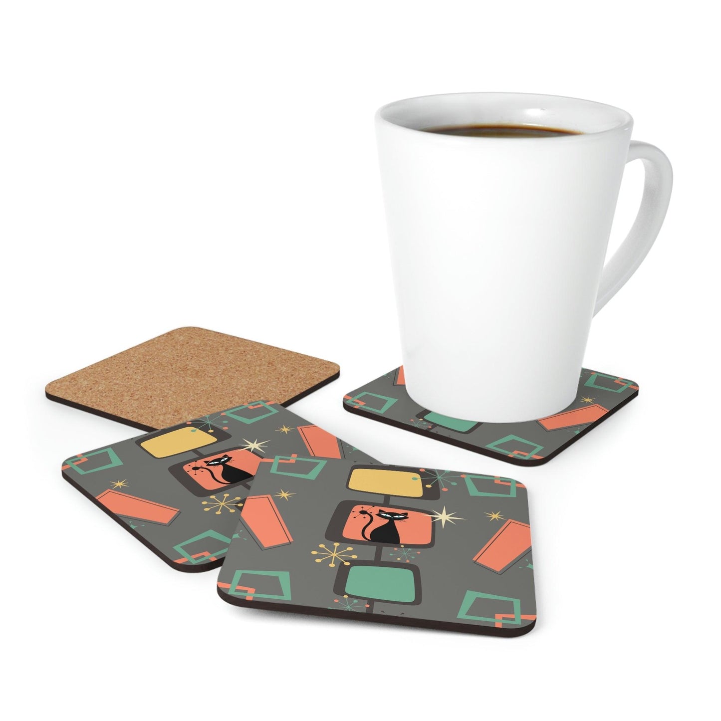 Retro Atomic Cat Mid Century Burst Gray, Coral & Green Coaster Set | lovevisionkarma.com