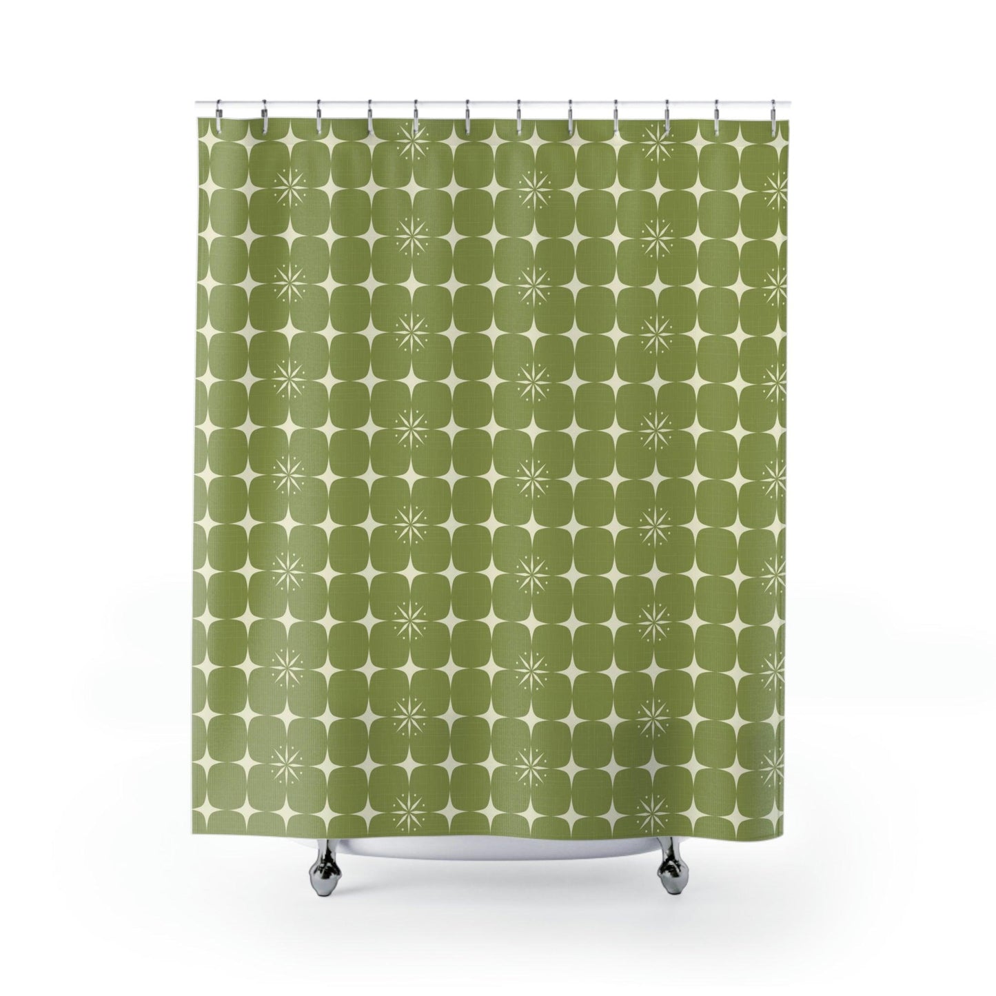 Retro 1950s Mid Century Burst Green Shower Curtain | lovevisionkarma.com