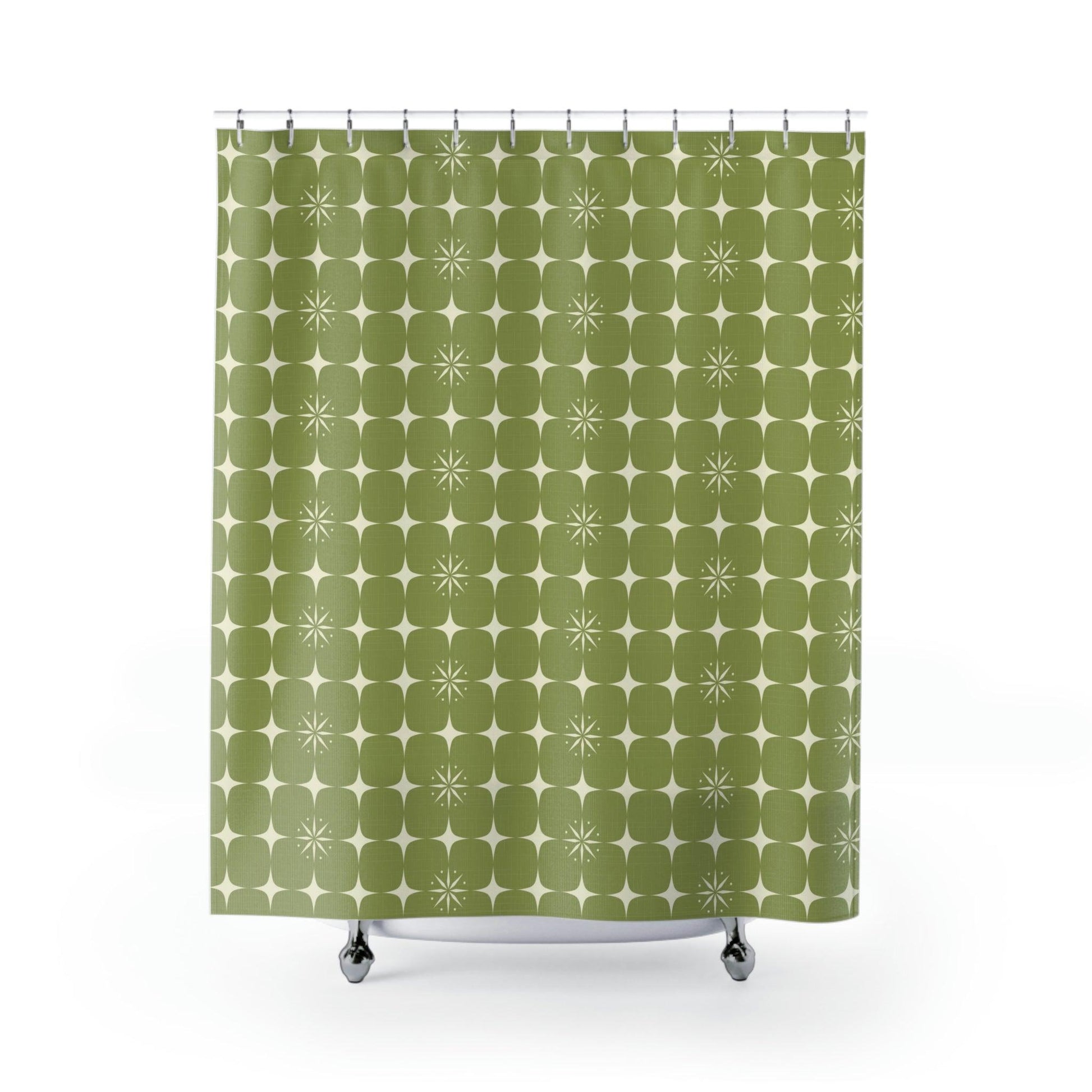 Retro 1950s Mid Century Burst Green Shower Curtain | lovevisionkarma.com
