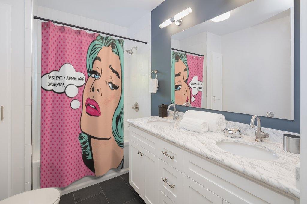 "Silently Judging" Comic Pop Art Funny Shower Curtain | lovevisionkarma.com