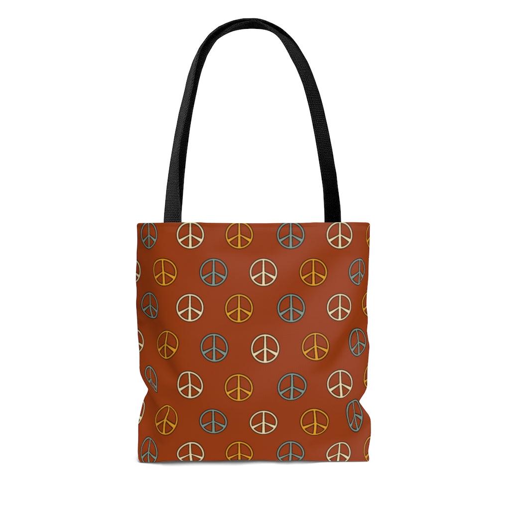 Boho Peace Sign Rust Color Hippie MCM Tote Bag | lovevisionkarma.com