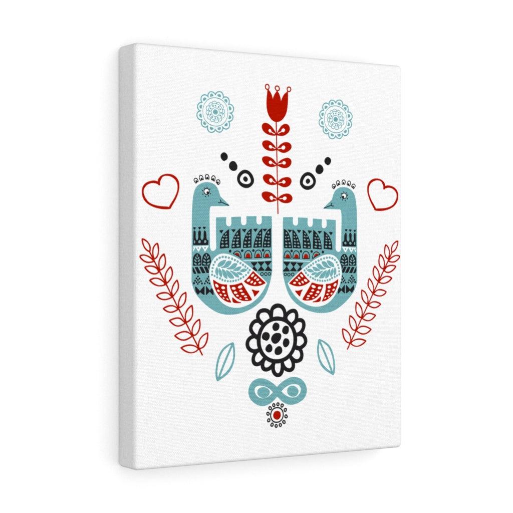 Scandinavian Nordic Folk Art Blue & Red Love Birds Canvas Gallery Wrap | lovevisionkarma.com