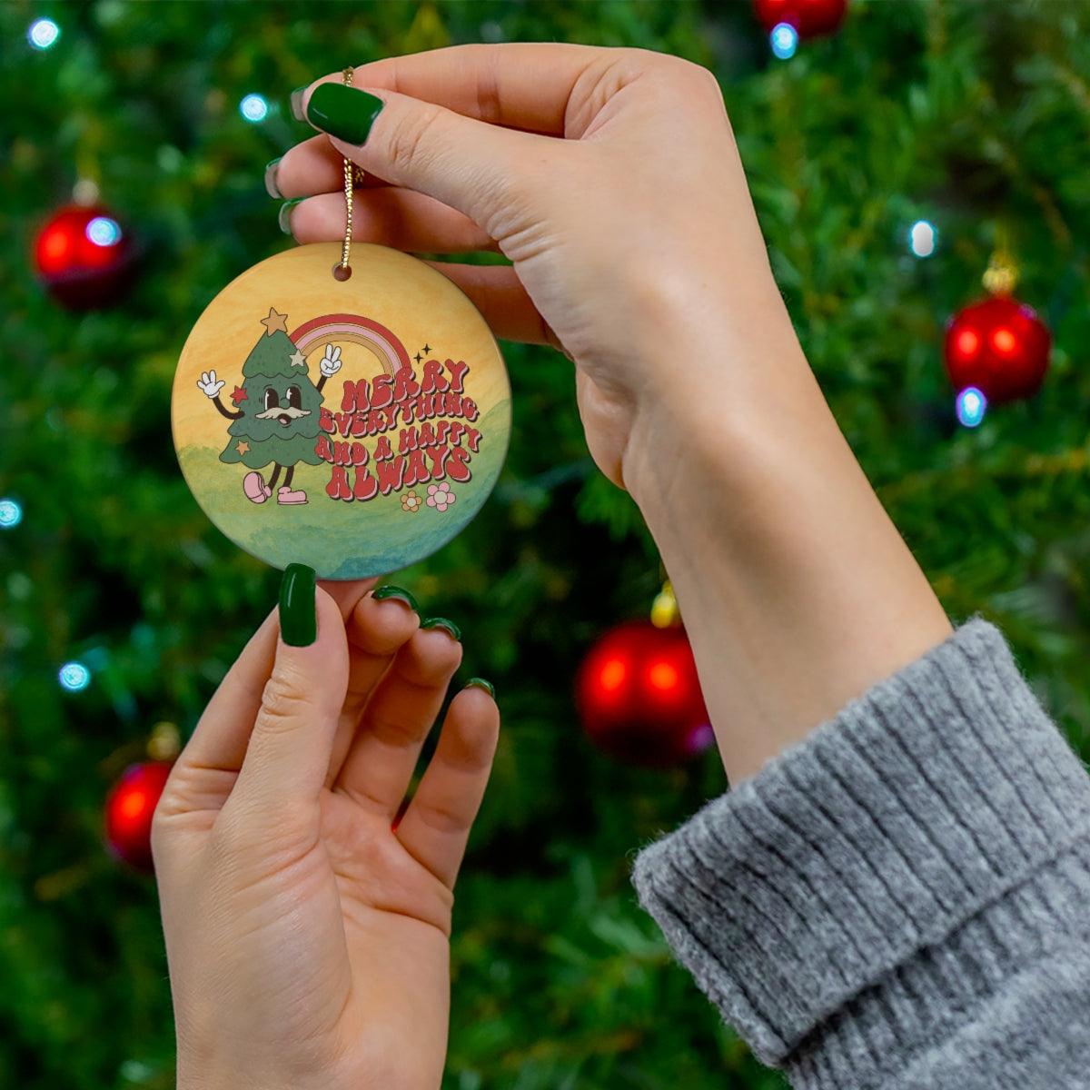 Groovy Retro Aesthetic, Colorful Cheery Hippie Christmas Ceramic Ornament | lovevisionkarma.com