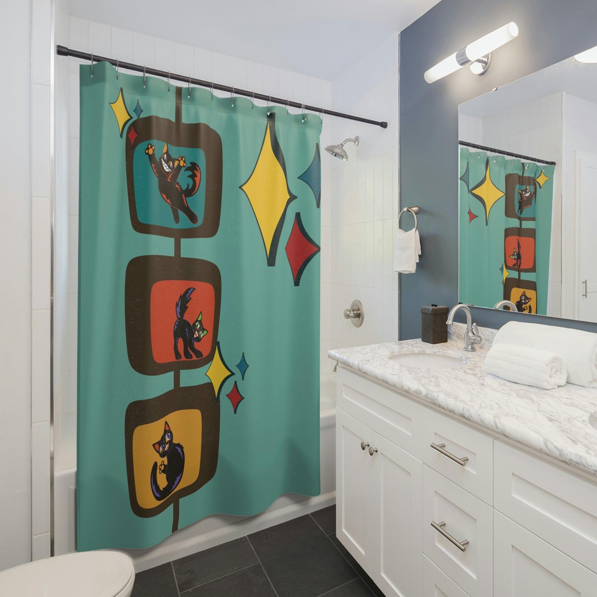 Retro Atomic Kitsch Cats MCM Blue Shower Curtain | lovevisionkarma.com