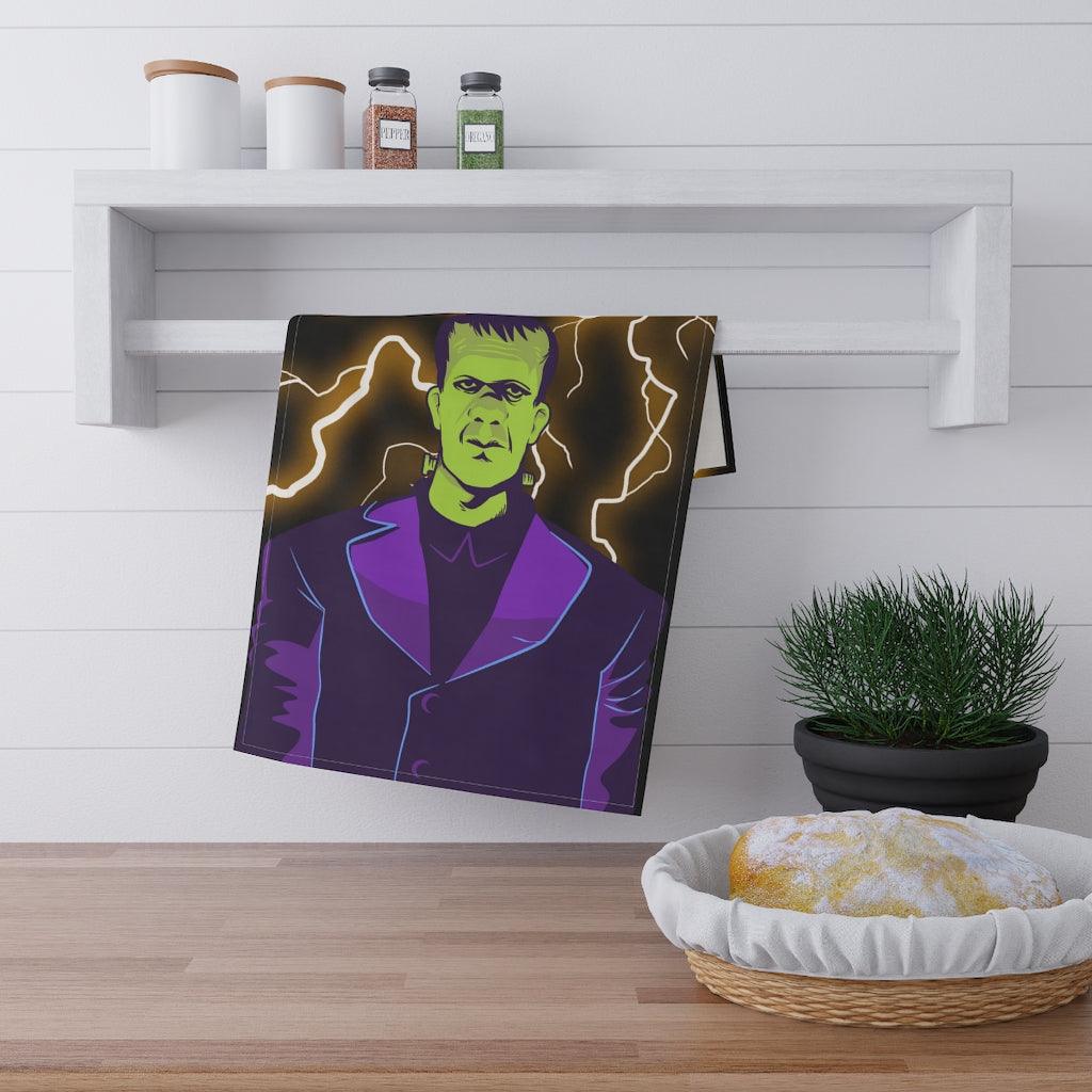 Retro Frankenstein Funny Monster Halloween MCM Kitchen Tea Towel | lovevisionkarma.com