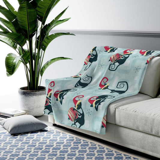 Atomic Christmas Retro Mid Century Cat Blue Velveteen Lightweight Blanket | lovevisionkarma.com