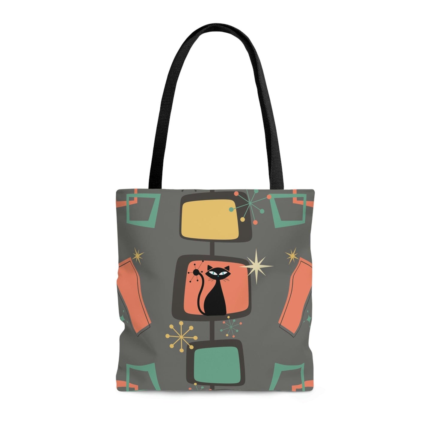 Retro Atomic Cat & Starburst MCM Gray & Coral Tote Bag | lovevisionkarma.com