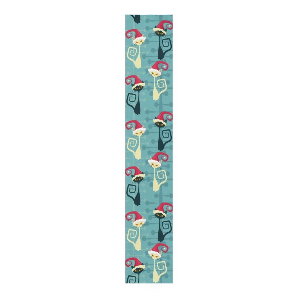 Christmas Atomic Cat Mid Century Modern Table Runner Blue Retro Table Linens | lovevisionkarma.com
