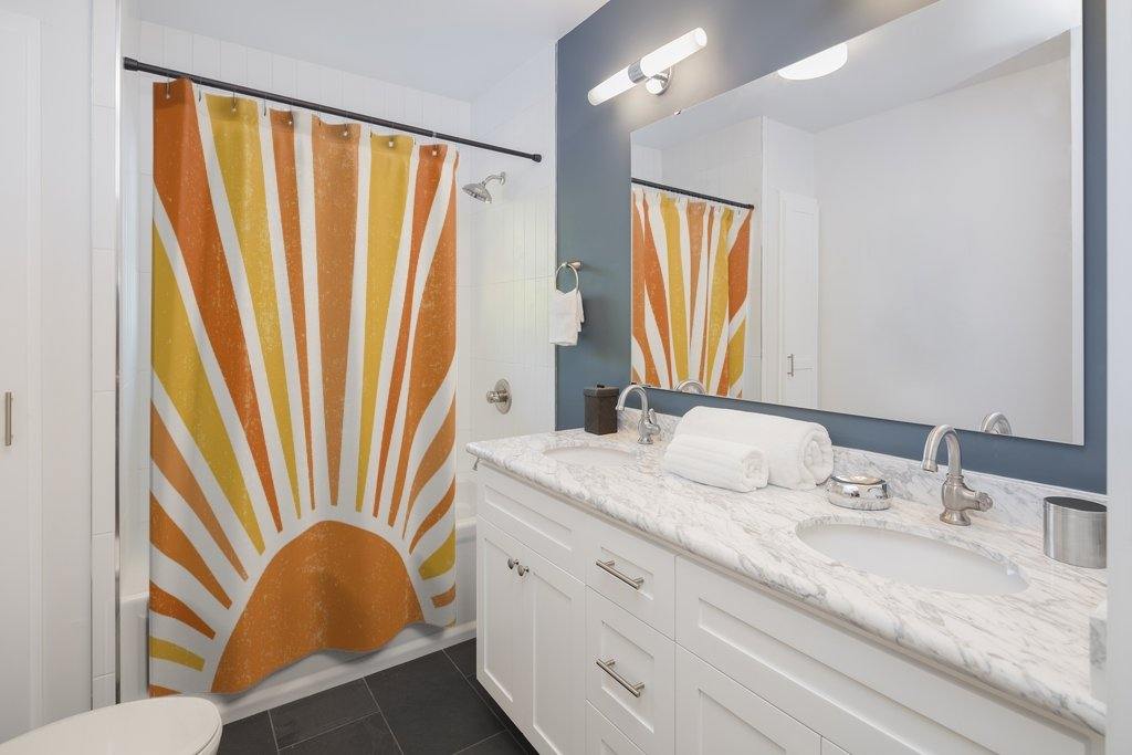 Retro 60s 70s Boho Sunrise MCM Shower Curtain | lovevisionkarma.com