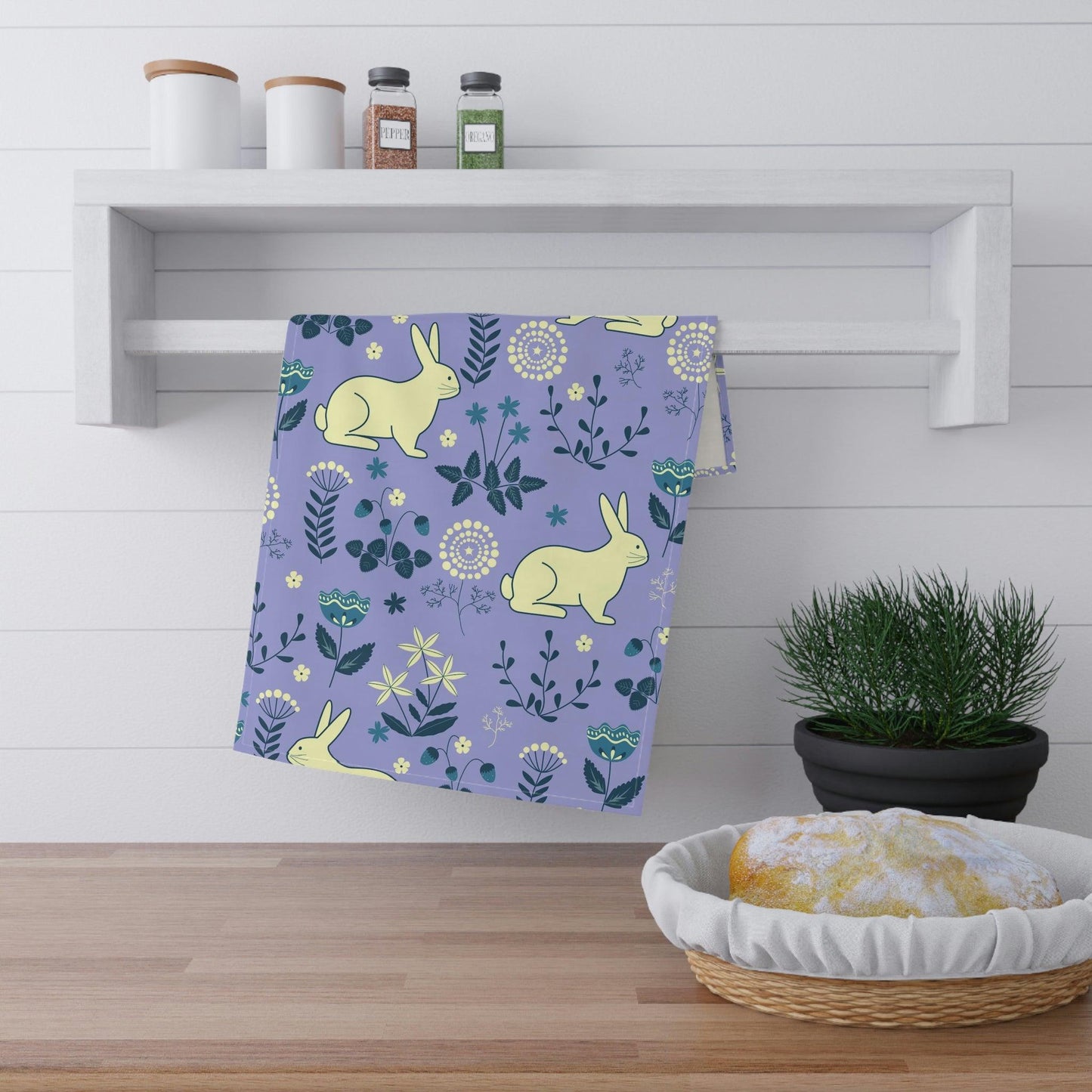Easter Bunnies & Florals Retro Blue & Purple Kitchen Tea Towel | lovevisionkarma.com