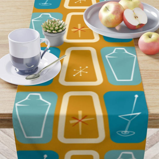 Atomic Mid Century Table Runner, Martinis & Shakers, Blue & Yellow Retro Table Linens | lovevisionkarma.com