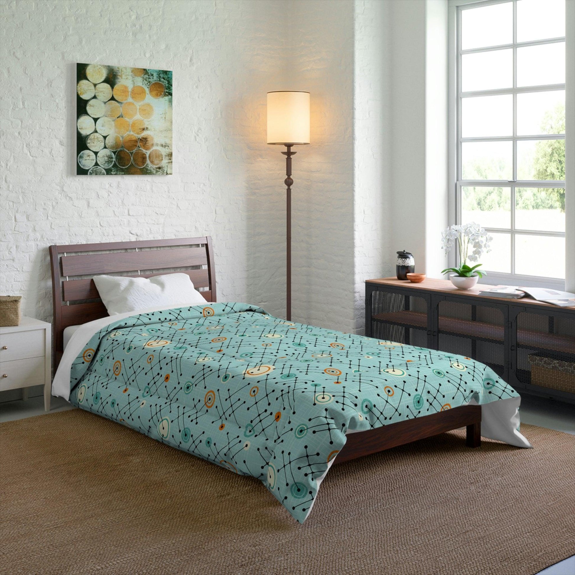 Retro 50s Lines Eames Inspired MCM Blue Comforter | lovevisionkarma.com