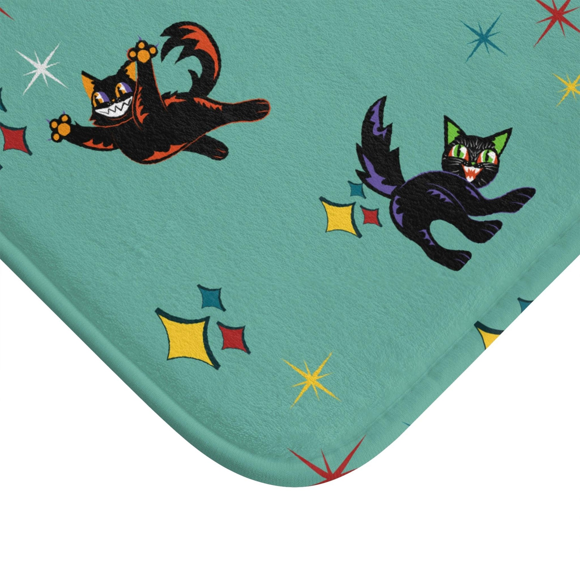 Retro Atomic Kitsch Cats Mid Century Mod Blue Bath Mat | lovevisionkarma.com