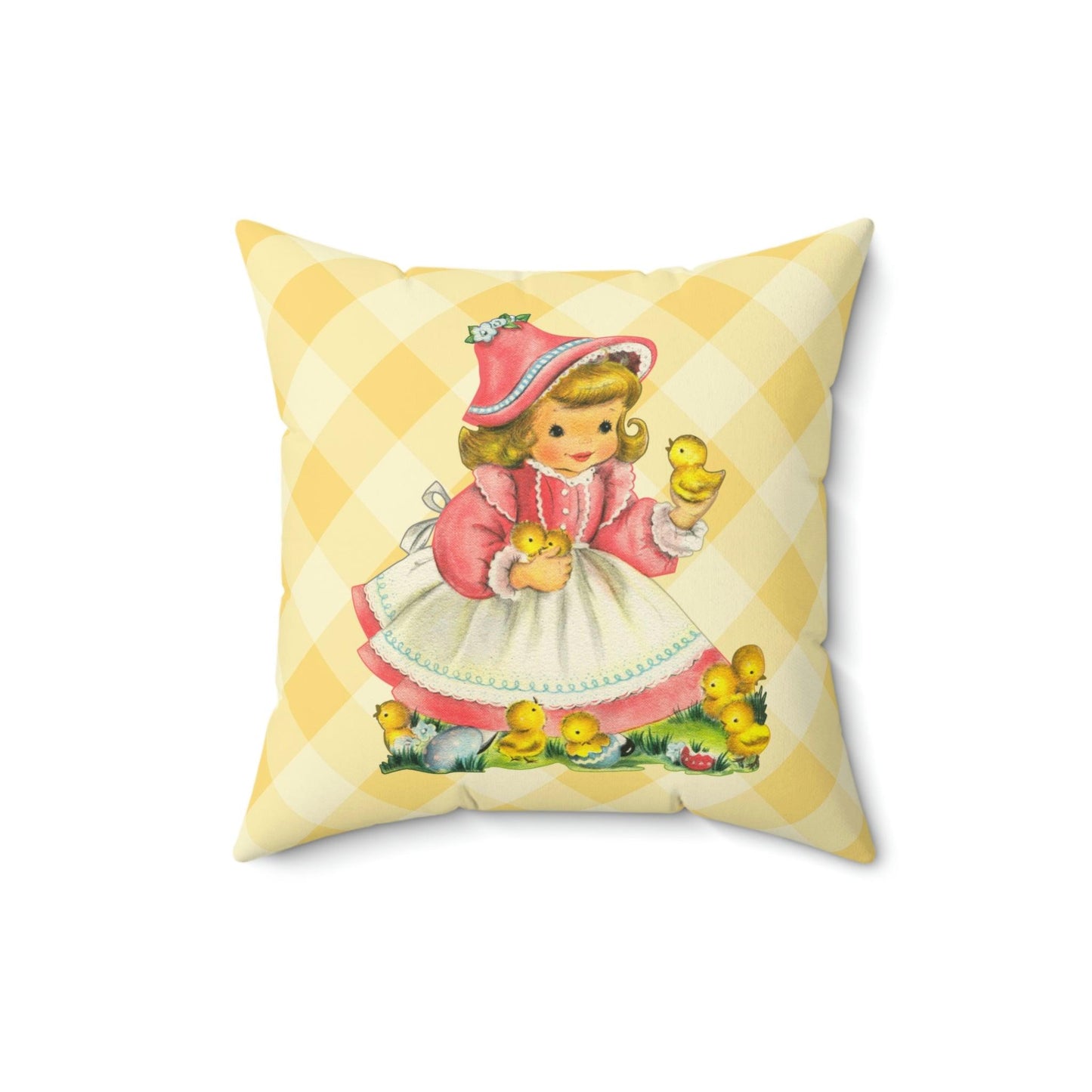Retro Easter Vintage Girl with Chicks MCM Yellow Pillow | lovevisionkarma.com